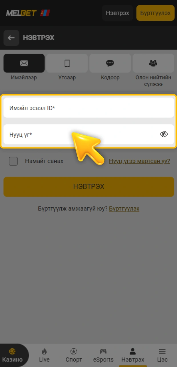 Шаардлагатай мэдээллээ оруулах алхамыг гүйцэтгэж Melbet дансаа бөглөөрэй.